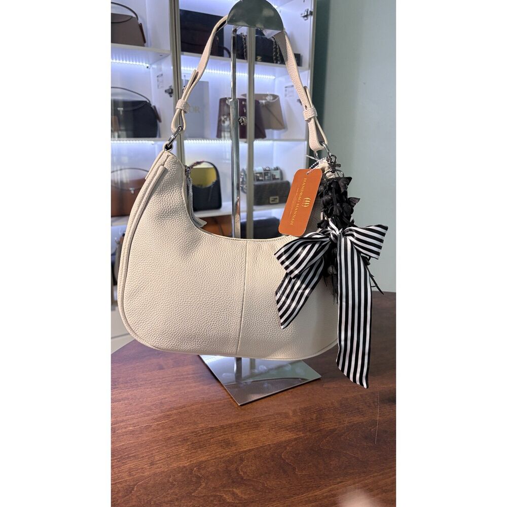 Top Grain Leather Crescent Hobo Shoulder Bag in Cream